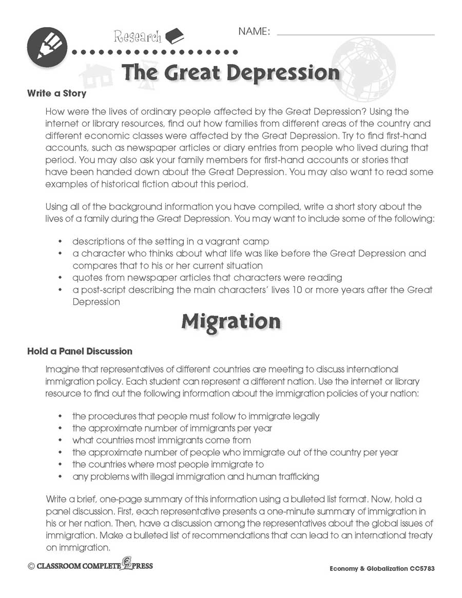Economy Globalization Migration The Great Depression Worksheets Grades 5 8 Ebook Worksheets Ccp Interactive