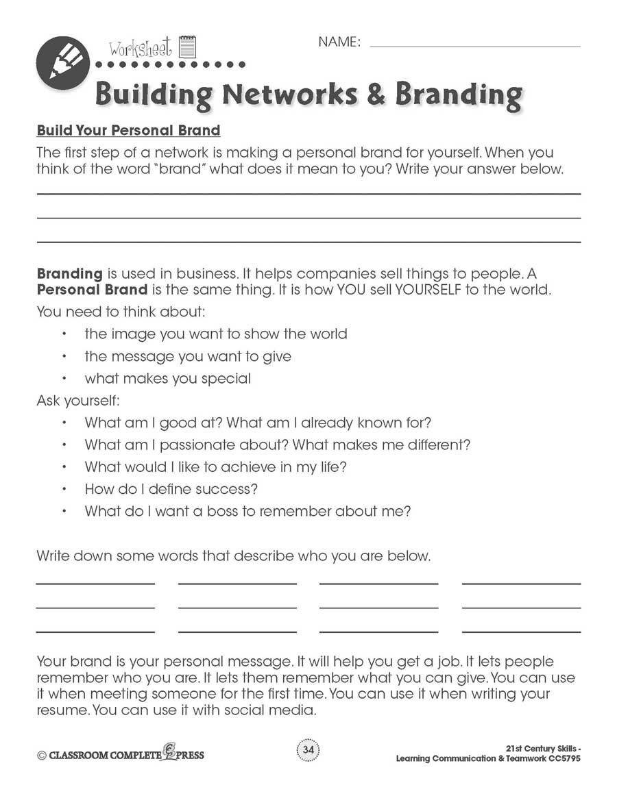Learning Communication & Teamwork: Building a Personal Brand & Elevator Speech Gr. 3-8+ - WORKSHEETS - eBook