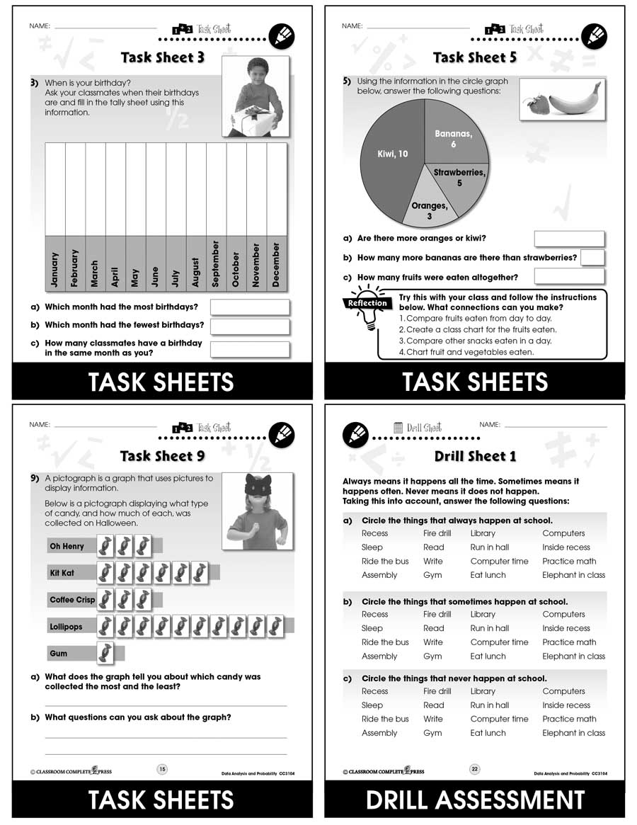 Data Analysis & Probability - Task Sheets Gr. PK-2 - print book