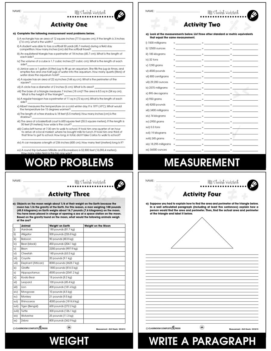 Measurement - Drill Sheets Gr. 6-8 - BONUS WORKSHEETS - eBook