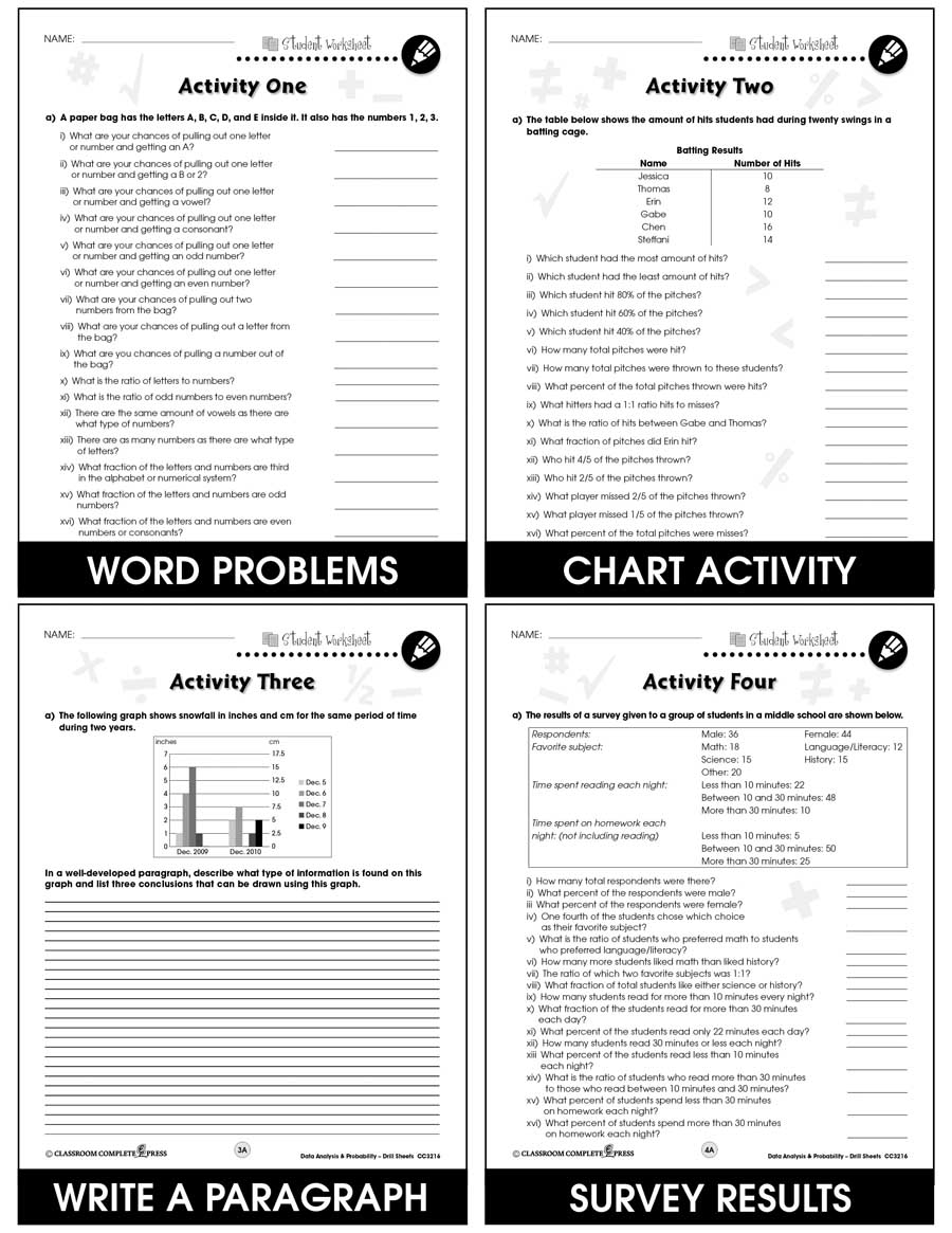 Data Analysis & Probability - Drill Sheets Gr. 6-8 - BONUS WORKSHEETS - eBook