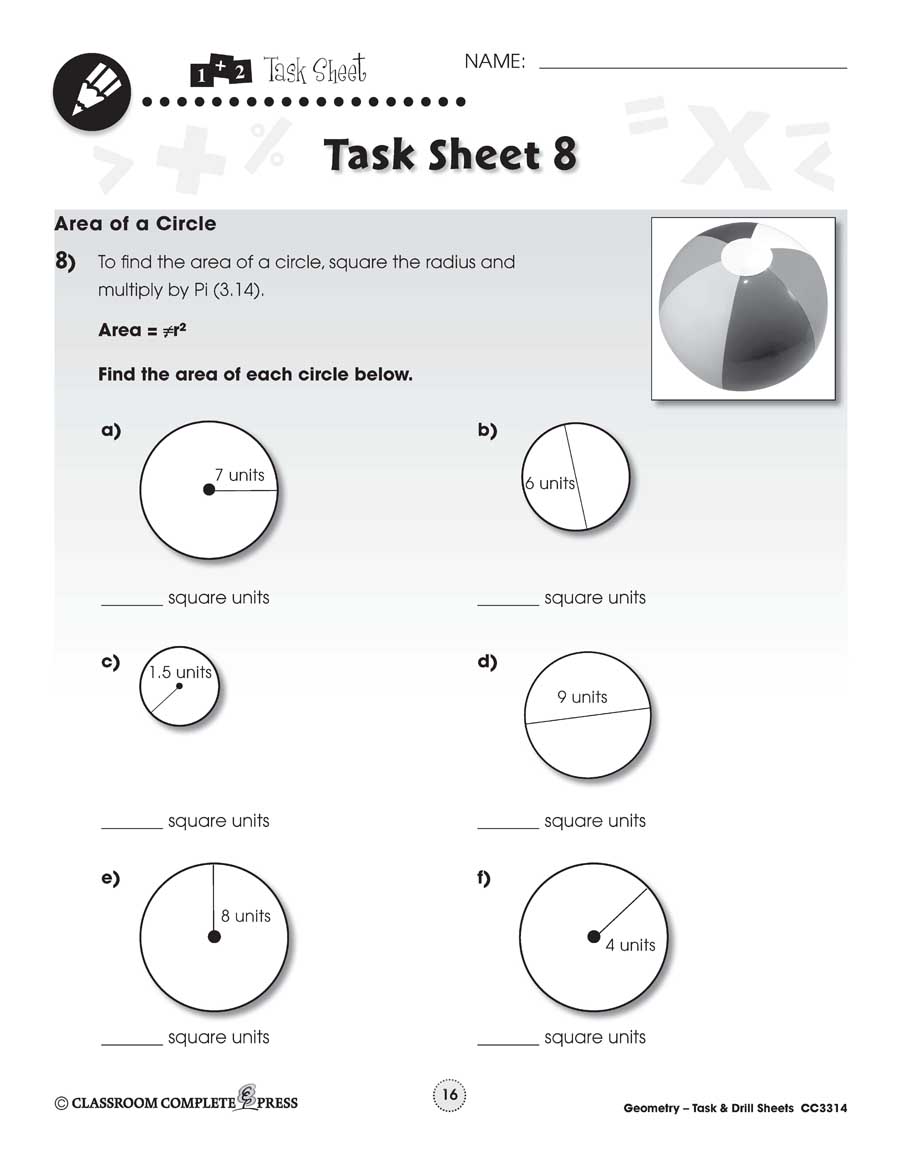 Geometry Task & Drill Sheets: Area of a Circle Gr. 6-8 - WORKSHEETS - eBook