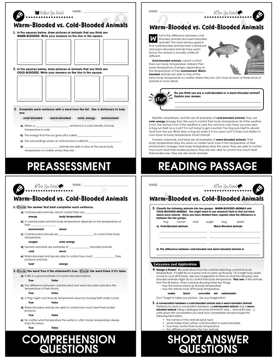 Classification & Adaptation: Warm-Blooded Animals vs. Cold-Blooded Animals  Gr. 5-8 - Grades 5 to 8 - Lesson Plan - Worksheets - CCP Interactive