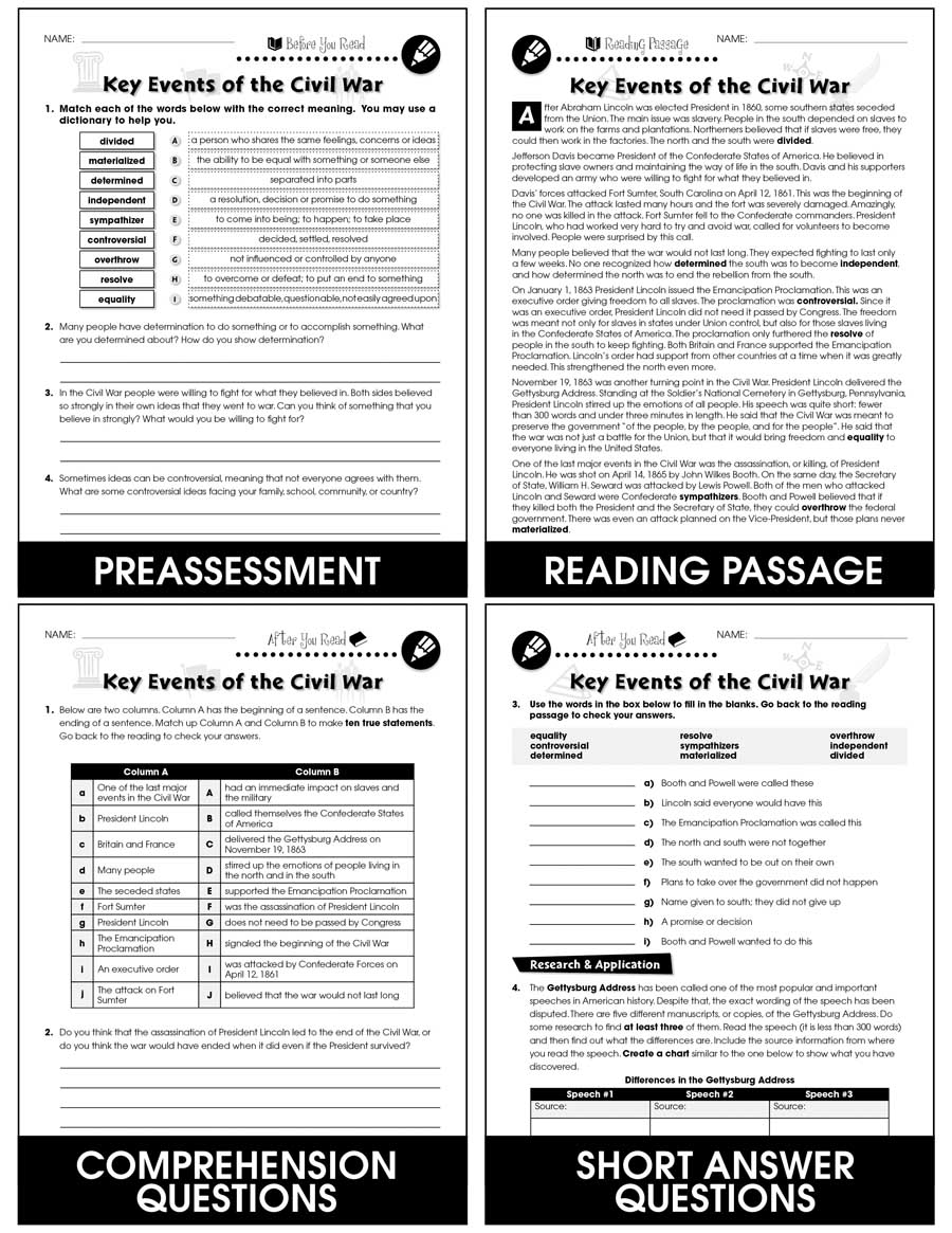 American Civil War Key Events Of The Civil War Gr 5 8 Grades 5 To 8 Lesson Plan Worksheets Ccp Interactive