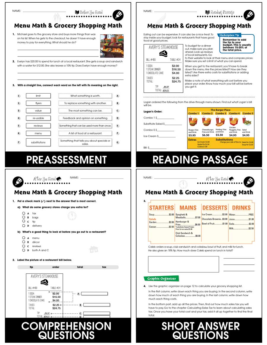 Daily Marketplace Skills: Menu Math and Grocery Shopping Math Gr. 6-12 - Chapter Slice eBook