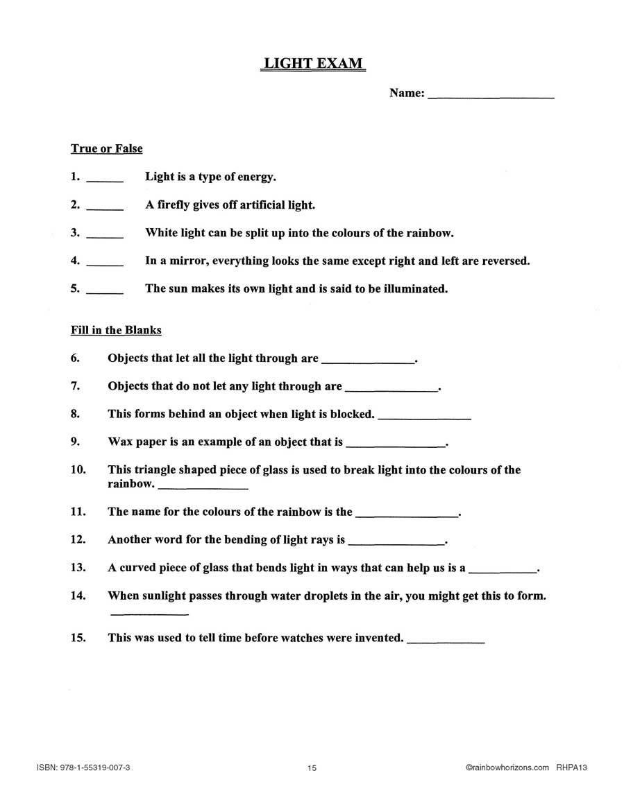 Light, Colour and the Eye: Exam - WORKSHEET - Grades 4 to 6 - eBook